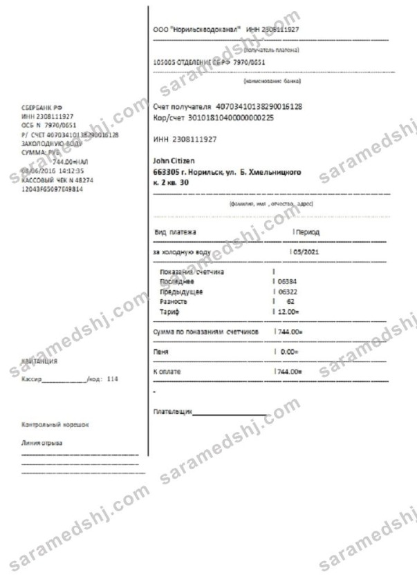 Russia water utility bill template in Word and PDF format, fully editable